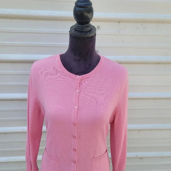 George Cardigan Sweater Ladies M 8/10 Pink Rayon Nylon Buttons 3/4 Sleeve Pocket - Picture 6 of 9